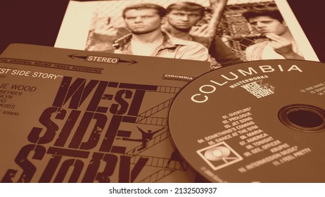 Rome, February 22, 2022: Covers of the CD of the WEST SIDE STORY soundtrack by Robert Wise, with music by Leonard Bernstein, a masterpiece of cinema, awarded with 10 Oscars