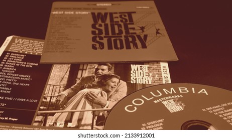 Rome, February 22, 2022: Covers of the CD of the WEST SIDE STORY soundtrack by Robert Wise, with music by Leonard Bernstein, a masterpiece of cinema, awarded with 10 Oscars