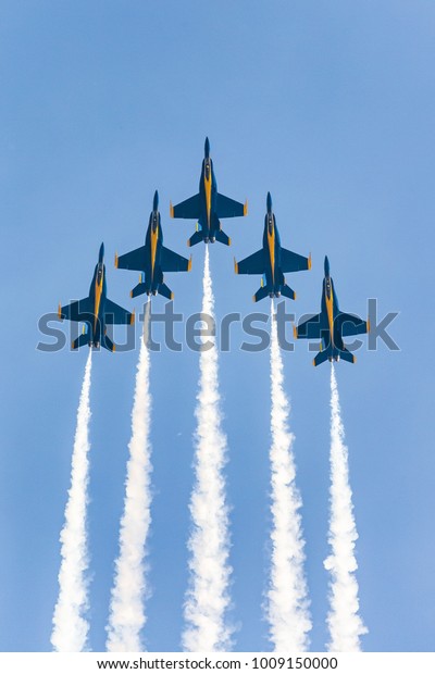 ROME, GA, USA - OCTOBER 20TH, 2017: US Navy\
flight demonstration squadron Blue Angels performs maneuver at the\
Wings Over North Georgia\
airshow.