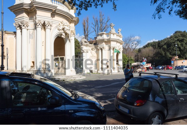 Rome,\
Italy: 02 March 2016: View of the Central gate of the Roman\
Biopark, which is located in Villa Borghese\
Park.