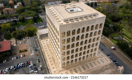 Rome, Italy - 04 14 2022: Aerial View Of The Palazzo Della Civiltà Italiana, Also Known As Square Colosseum. This Building Is Located In The EUR District.