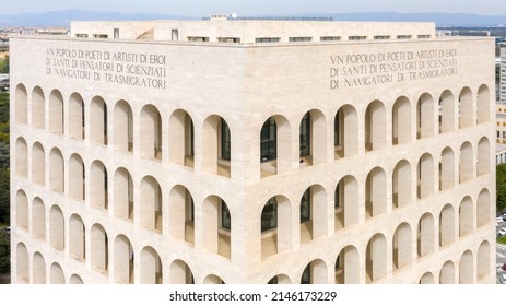 Rome, Italy - 04 14 2022: Aerial View Of The Palazzo Della Civiltà Italiana, Also Known As Square Colosseum. This Building Is Located In The EUR District.