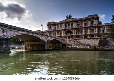 Rome, Italy, 05/06/2018: in the background the building of the "court of cassation", on the left the Umberto bridge, in close up the Tiberriver.