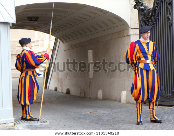 Rome, Italy, 06/11/2012, Vatican Guard by Swiss\
guard soldiers. The Swiss guard is currently the only type of armed\
forces of the Vatican. It can rightly be considered the oldest army\
in the world.