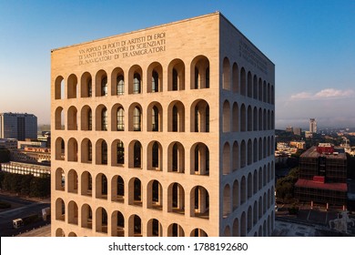 Rome, Italy - 08 01 2020: The Palazzo Della Civiltà Italiana, Also Known As The Palazzo Della Civiltà Del Lavoro Or Simply The Square Colosseum, Is A Building In The EUR District.