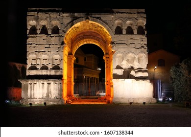 Rome, Rome, Italy, 08 15 2019: Night view of the Arch of Janus