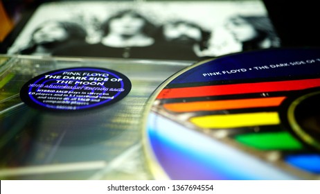 Rome, Italy: 09 April 2019: CD album of the famous English rock band PINK FLOYD. detail of the special edition for the thirtieth anniversary of the album DARK SIDE OF THE MOON