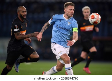 Rome, Italy - 09.12.2021: CIRO IMMOBILE (LAZIO), MARCAO (GAL) In Action During The Uefa Europa League Group E Soccer Match Between SS Lazio And Galatasaray, At Olympic Stadium In Rome.
