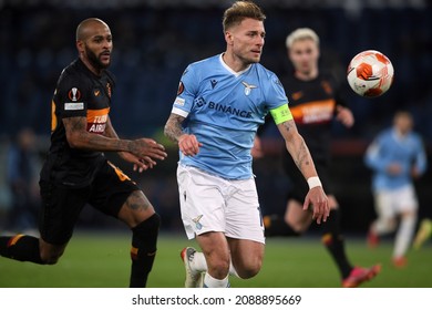 Rome, Italy - 09.12.2021: CIRO IMMOBILE (LAZIO), MARCAO (GAL) In Action During The Uefa Europa League Group E Soccer Match Between SS Lazio And Galatasaray, At Olympic Stadium In Rome.
