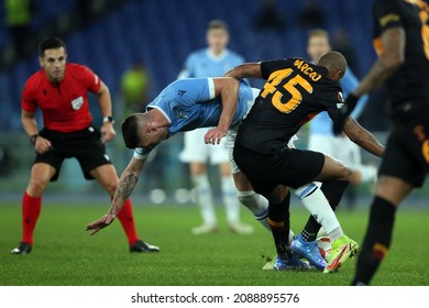 Rome, Italy - 09.12.2021: MILINKOVIC SAVIC (LAZIO) MARCAO (GAL) In Action During The Uefa Europa League Group E Soccer Match Between SS Lazio And Galatasaray, At Olympic Stadium In Rome.
