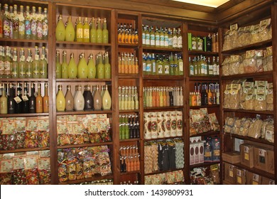 Rome, Italy, 10/24/2015 Illustrative Editorial Different Types Of Italian Limoncello Liqueur In One Small Shop In Square Barberini