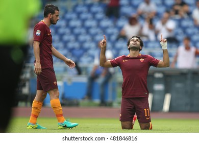 Rome, Italy 11 September 2016: Mohamed Salah Celebrates After Scoring A Goal In  Italian Serie A League Match Between As Roma And Sampdoria At Olimpic Stadium On Seprember 11, 2016 In Rome  Italy.