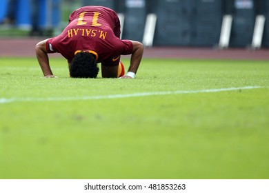 Rome, Italy 11 September 2016: Mohamed Salah Celebrates After Scoring A Goal In  Italian Serie A League Match Between As Roma And Sampdoria At Olimpic Stadium On Seprember 11, 2016 In Rome  Italy.