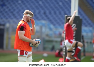 Rome, Italy - 13 March 2021: Wales Warm Up During  2021 Guinness Six Nations Test Match Between Italy And Wales At Olympic Stadium In Rome.