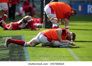 Rome, Italy - 13 March 2021: Wales Warm Up During  2021 Guinness Six Nations Test Match Between Italy And Wales At Olympic Stadium In Rome.