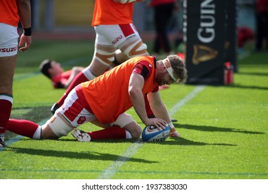 Rome, Italy - 13 March 2021: Wales Warm Up During  2021 Guinness Six Nations Test Match Between Italy And Wales At Olympic Stadium In Rome.