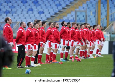 Rome, Italy - 13 March 2021: Wales Team During Anthem Before The  2021 Guinness Six Nations Test Match Between Italy And Wales At Olympic Stadium In Rome.