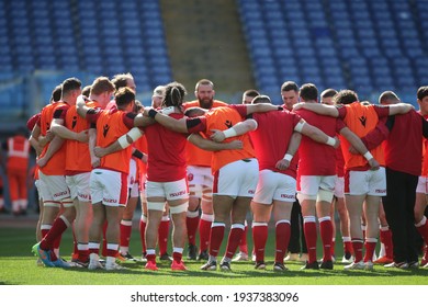 Rome, Italy - 13 March 2021: Wales Warm Up During  2021 Guinness Six Nations Test Match Between Italy And Wales At Olympic Stadium In Rome.