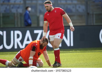 Rome, Italy - 13 March 2021: Wales Warm Up During  2021 Guinness Six Nations Test Match Between Italy And Wales At Olympic Stadium In Rome.