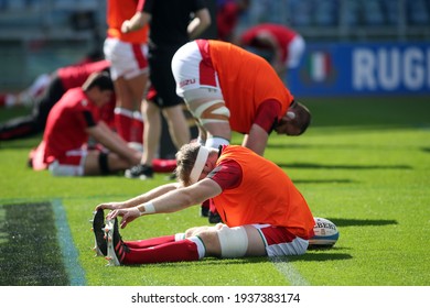 Rome, Italy - 13 March 2021: Wales Warm Up During  2021 Guinness Six Nations Test Match Between Italy And Wales At Olympic Stadium In Rome.