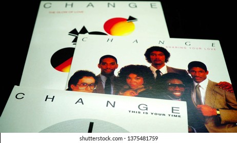 Rome, Italy: 15 April 2019: Three CDs of the DISCO pop group, CHANGE. group formed in Bologna, Italy, in 1979 by businessman and executive producer Jacques Fred Petrus and Mauro Malavasi 