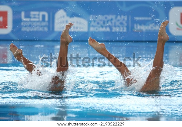 Rome, Italy 15.08.2022: Italy team Linda Cerruti, Ferro\
Costanza win bronze medal in the Final Duet Technical Artistic\
Swimming Championship in LEN European Aquatics in Rome 2022 in Foro\
Italico. 