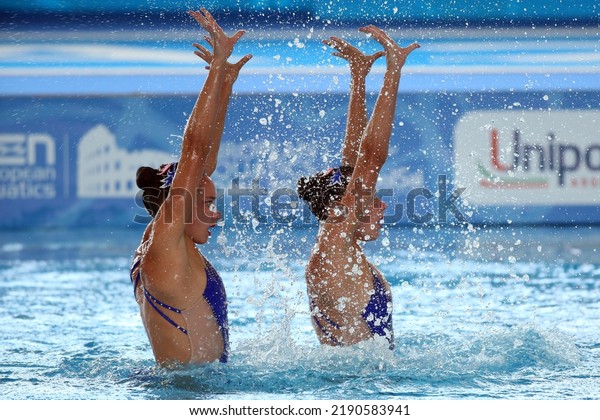 Rome, Italy 15.08.2022:  Ukraine  Aleksiiva\
Maryna, Alexsiiva Vladyslava win gold medal in the Final Duet\
Technical Artistic Swimming Championship in LEN European Aquatics\
in Rome 2022 in Foro\
Italico