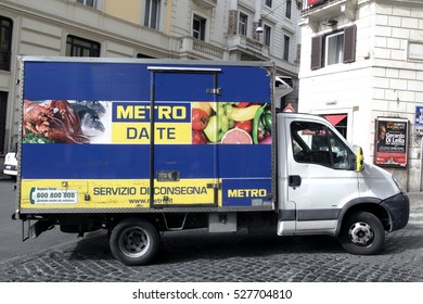 ROME, ITALY - 17 OCTOBER 2016: Metro Group Truck  In Midtown Rome. Metro Group Is A German Global Diversified Retail And Wholesale/cash And Carry Group Based In Dusseldorf.