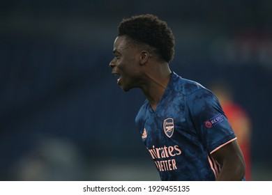 Rome, Italy - 18 FEBRUARY 2021: Bukayo Saka (ARS) SCORE THE GOAL during the UEFA EUROPE LEAGUE 2021 Round of 32  soccer match  between BENFICA and ARSENAL, at Olympic Stadium in Rome.
