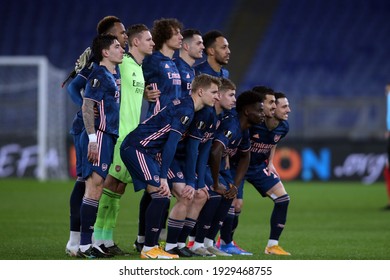 Rome, Italy - 18 FEBRUARY 2021: :ARSENAL TEAM  in action during the UEFA EUROPE LEAGUE 2021 Round of 32  soccer match  between BENFICA and ARSENAL, at Olympic Stadium in Rome.
