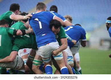 Rome, Italy - 28 february 2021: ANDREA LOVOTI (IT), JAMES LOWE (IR) in action during the 2021 Guinness Six Nations Match between Italy and Ireland at olympic stadium in Rome.
