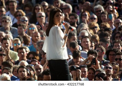 ROME, ITALY - 3 June 2016: Virginia Raggi  M5S, Candidate For Mayor In Rome, Attends The Closing Act Of The Electoral Campaign At Piazza Del Popolo In Rome. On June 5, 2016.