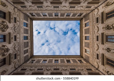 ROME, ITALY - 4 DECEMBER 2016 - The Palazzo Spada Museum In Historic Center, Famous For The Forced Perspective Gallery By Francesco Borromini.