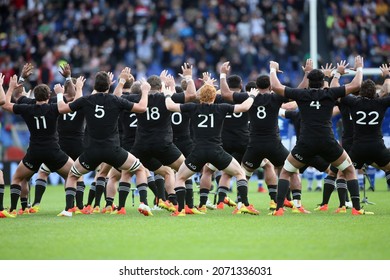Rome, Italy - 6 November 2021: ALL BLACKS HAKA DANCE BEFORE the Autumn Nations Series 2021 Test Match between Italia vs. All BlackMatch between at olympic stadium in Rome.