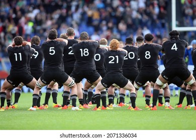 Rome, Italy - 6 November 2021: ALL BLACKS HAKA DANCE BEFORE the Autumn Nations Series 2021 Test Match between Italia vs. All BlackMatch between at olympic stadium in Rome.