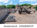 Rome, Italy, 6,10,2023, A catapult in The Mausoleum of Hadrian also known as Castel Sant