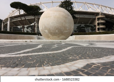 Rome, Italy, About 02/2017. Fountain With Sphere In White Carrara Marble At The Olympic Stadium In Rome.