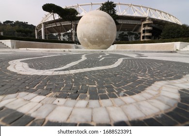 Rome, Italy, About 02/2017. Fountain With Sphere In White Carrara Marble At The Olympic Stadium In Rome.