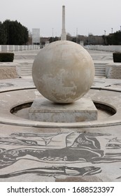 Rome, Italy, About 02/2017. Fountain With Sphere In White Carrara Marble At The Olympic Stadium In Rome.