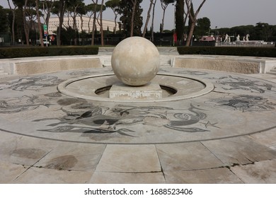 Rome, Italy, About 02/2017. Fountain With Sphere In White Carrara Marble At The Olympic Stadium In Rome.