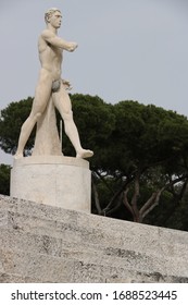 Rome, Italy, About 02/2017. White Carrara Marble Sculptures At The Marble Stadium Of The Italian Forum In Rome.