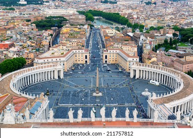 Rome, Italy. Aerial view of Piazza San Pietro (St Peter's square) in Vatican City. It is landmark of Italy. Nice panorama of Rome streets, sight to old Roma town from basilica. Travel in Rome theme.