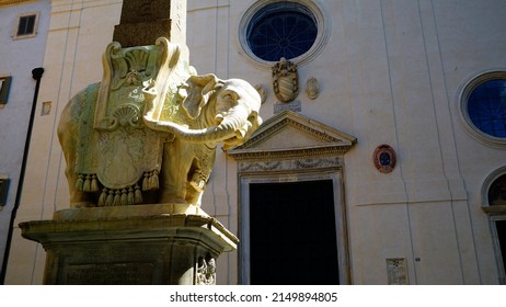 Rome, Italy - April 12, 2019: view of the marble elephant with obelisk in Piazza della Minerva It was settled by Gian Lorenzo Bernini