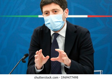 Rome, Italy - April 16, 2021: Roberto Speranza, Italy’s Health Minister, Speaks During A Joint News Conference In Rome.
