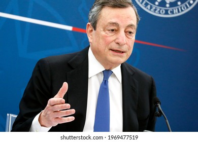 Rome, Italy - April 16, 2021: Mario Draghi, Italy's Prime Minister, Speaks During A News Conference In Rome.
