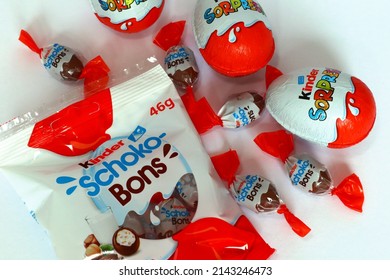Rome, Italy – April 6, 2022: Kinder Surprise Chocolate Eggs and Schoko-Bons. Kinder is a brand of food products of Ferrero