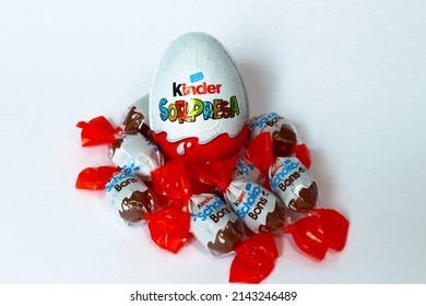 Rome, Italy – April 6, 2022: Kinder Surprise Chocolate Eggs and Schoko-Bons. Kinder is a brand of food products of Ferrero