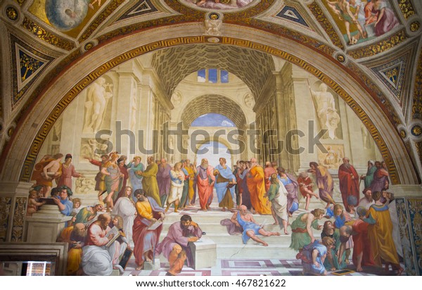 ROME, ITALY - APRIL 8, 2016: The School of Athens, Raphael room's in Museums of Vatican.  