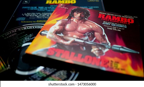 Rome, Italy - August 02, 2019: Cover And Cd Of The Soundtrack Of Rambo 2. Composed By Jerry Goldsmith Of The Follow-up To The 1982 Film First Blood (Rambo)