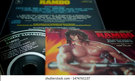 Rome, Italy - August 02, 2019: Cover And Cd Of The Soundtrack Of Rambo 2. Composed By Jerry Goldsmith Of The Follow-up To The 1982 Film First Blood (Rambo)